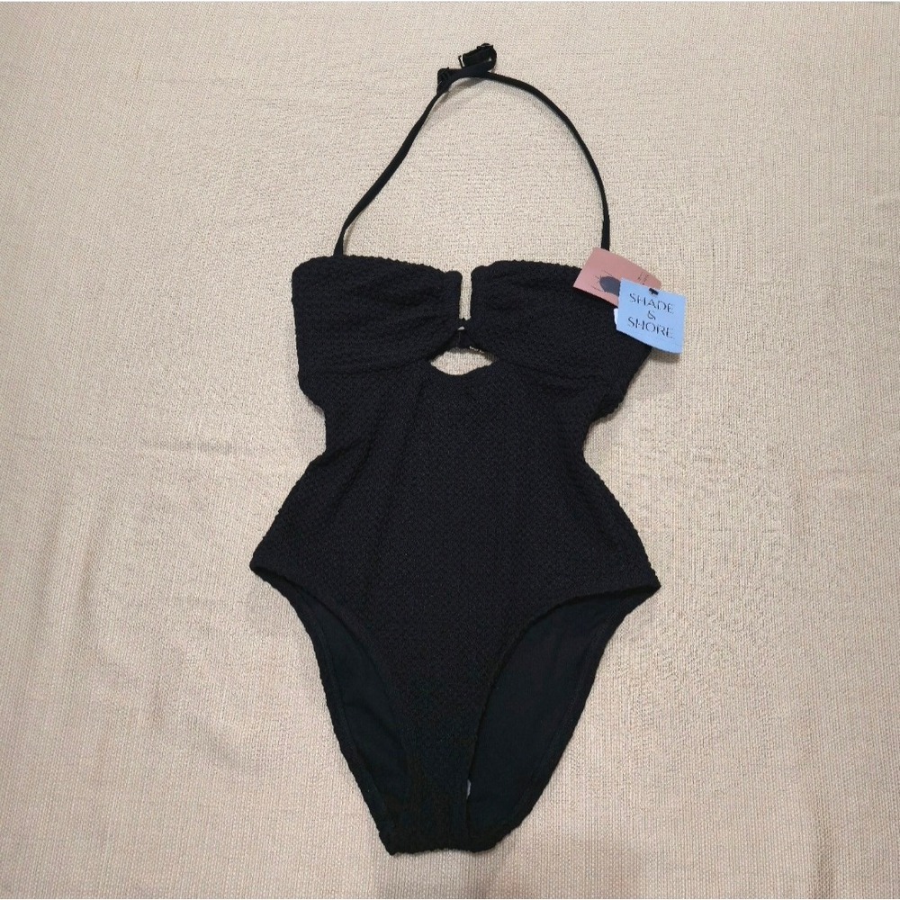 Shade & Shore Womens Black Textured Cutout One Piece Swimsuit XS 238 25 4025
